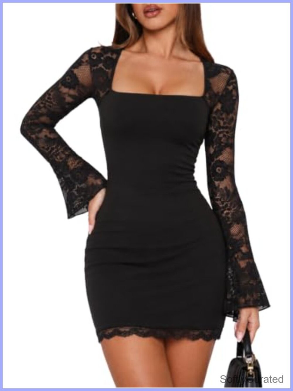 Square Neck Lace Long Sleeve Bodycon Mini Dress Sexy Going Out Party